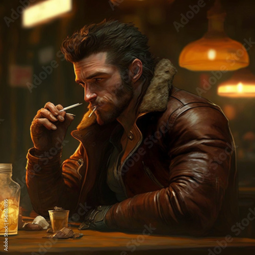 Man wearing a brown leather jacket and smoking a cigar in a bar, Generative AI