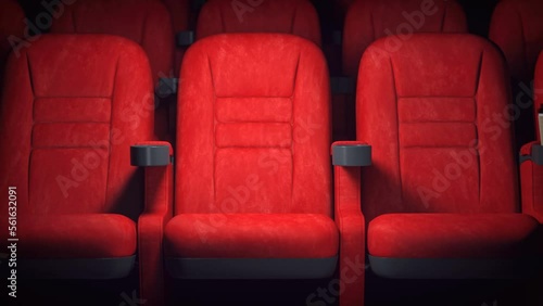 Empty red cinema movie theater seats and paper coffee xcup. 3d video animation photo