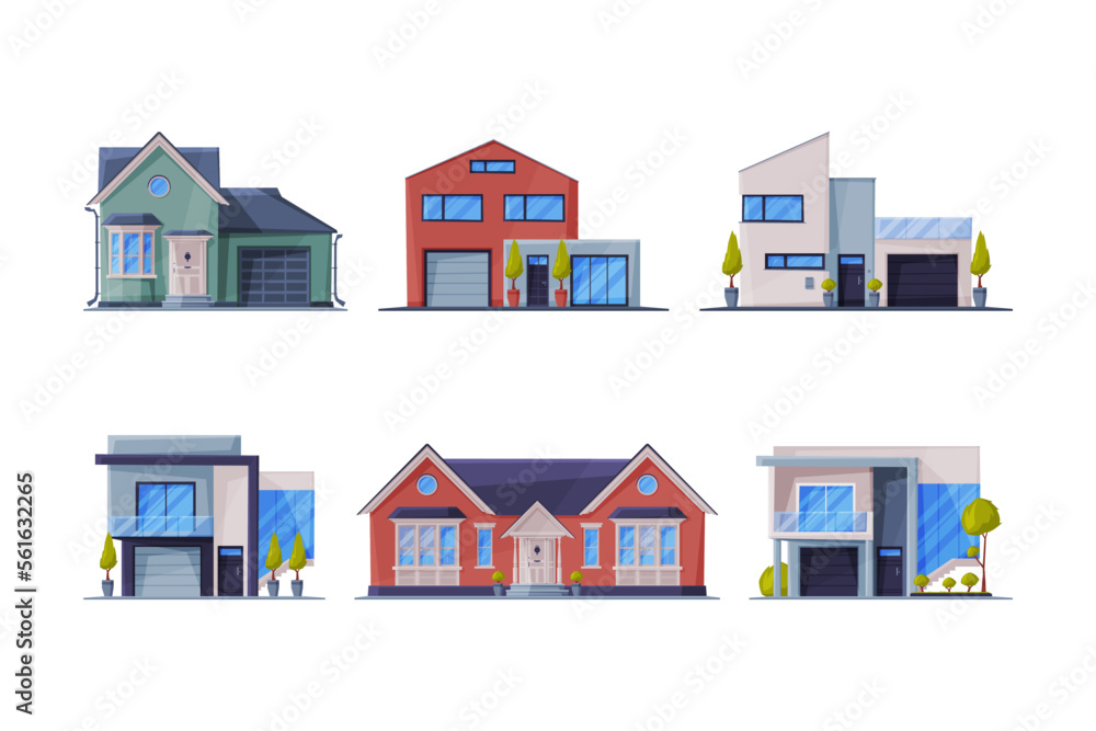 Countryside cottages and houses set. Suburban and urban house facades cartoon vector illustration