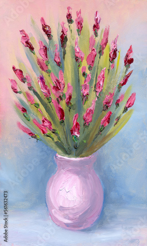 Oil painting. Iris flowers in a vase #561632473