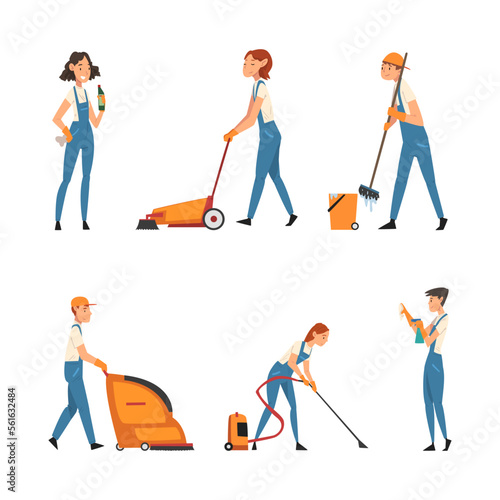 Set of cleaning company staff. Male and female professional cleaning service workers in uniform cartoon vector illustration