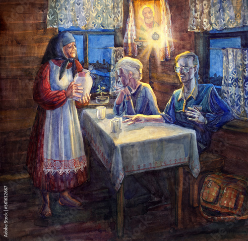 Watercolor painting. Grandmother treats guests with milk