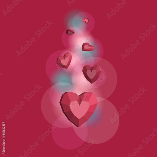 Greeting card with hearts in the form of precious stones on a red background. Vector illustration for your design.