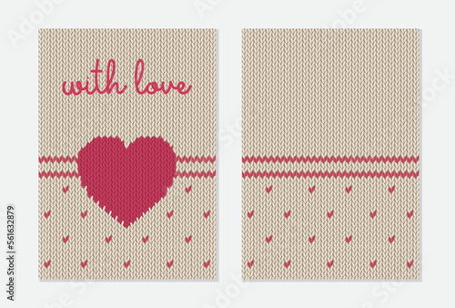 Greeting card with the texture of a knitted fabric with a heart. Vector illustration