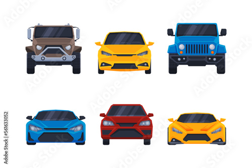 Urban traffic car vehicles set. Front view of modern luxury cars flat vector illustration