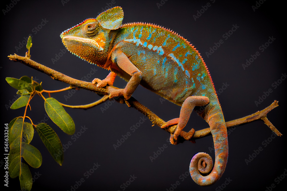 Fototapeta premium Green chameleon on branch. Generative AI.