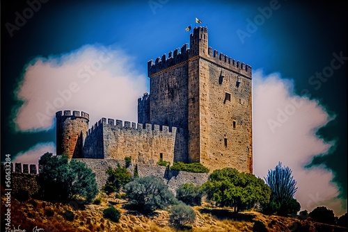Landscape with medieval castle with sky with clouds. AI digital illustration