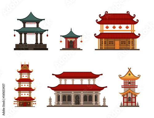 Asian traditional buildings set. Ancient temple, pagoda or shrine cartoon vector illustration