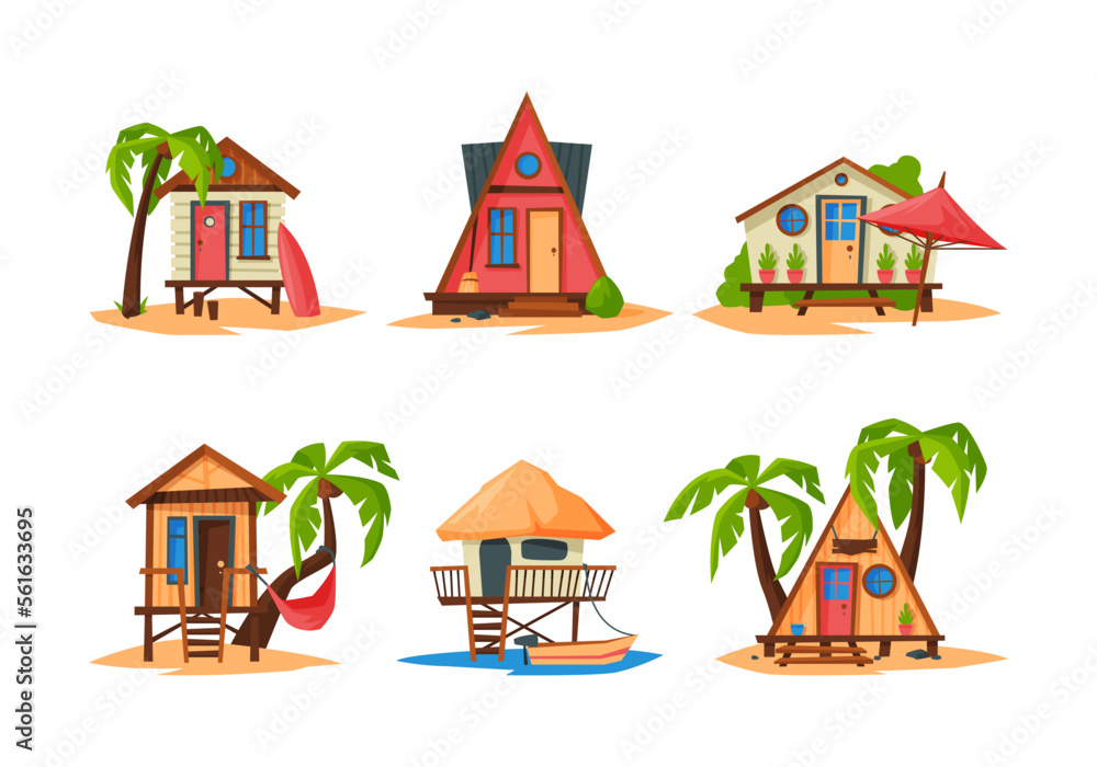 Beach wooden huts set. Bungalow hotel on exotic topical beach. Summer vacation and travel concept cartoon vector illustration - obrazy, fototapety, plakaty 