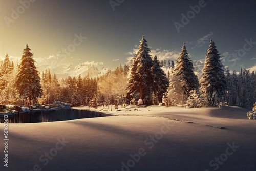 Winter Snow Landscape in Forest at Golden Hour Made with Generative AI © Bryan