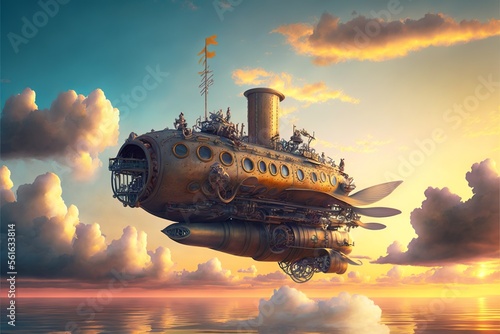 Blimp in the sky flying, steampunk style. AI digital illustration
