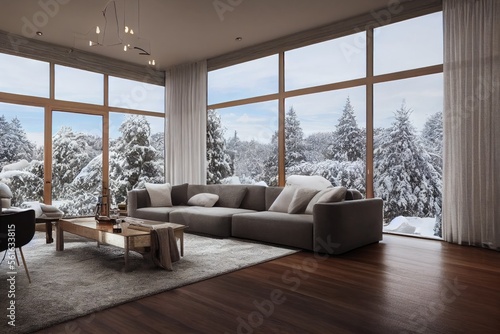 Cozy Beautiful Mid Century Modern Interior with Furniture. Large Windows in Winter