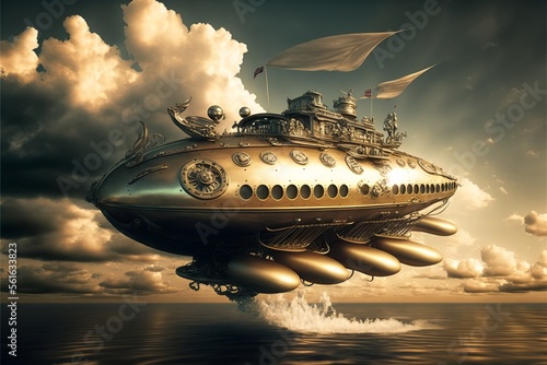 Blimp in the sky flying, steampunk style. AI digital illustration