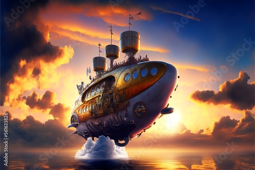Blimp in the sky flying, steampunk style. AI digital illustration photo