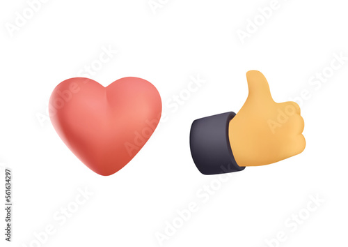 3D Thumb up and heart icon render vector isolated on white. Vector like and love icon modern cartoon. Ready like and love button for website and mobile app