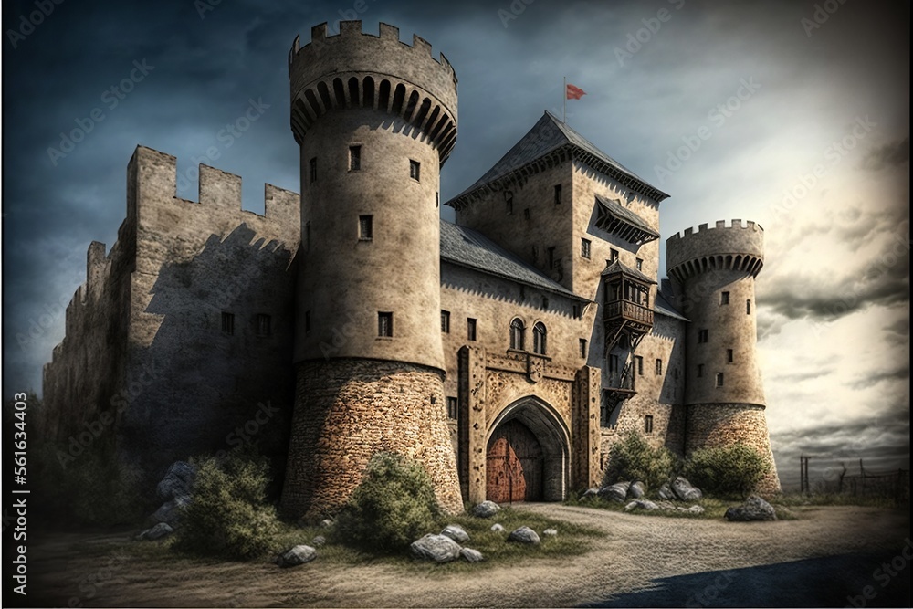 Landscape with medieval castle with sky and clouds in the background. AI digital illustration