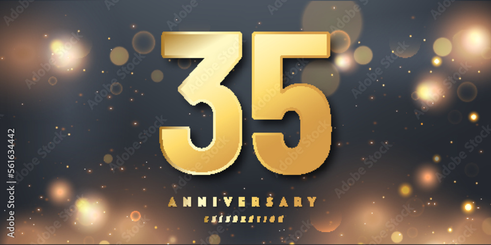 35th Year anniversary celebration background. 3D Golden number with Shiny Glitter lights In black dark night background.