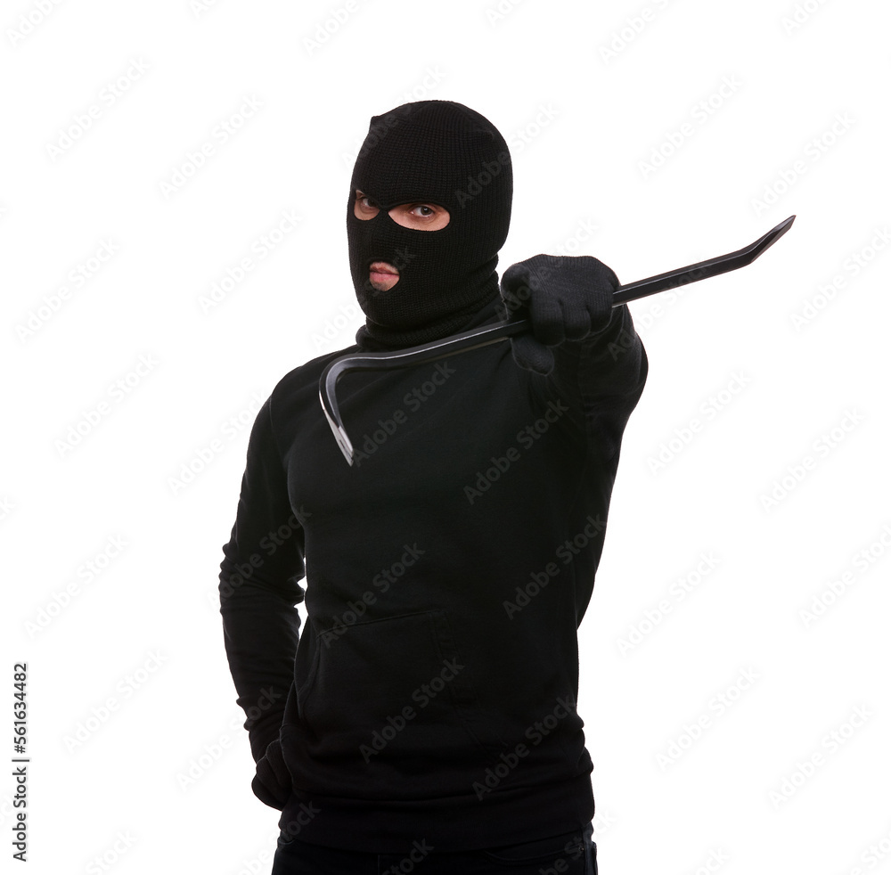 Thief in mask with crowbar on white background Thief in mask with crowbar on white background