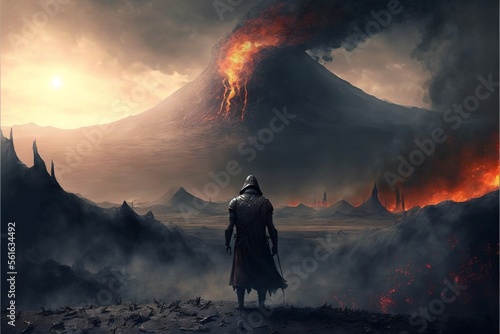 Canvas-taulu Warrior standing in field looking at erupting volcano, landscape
