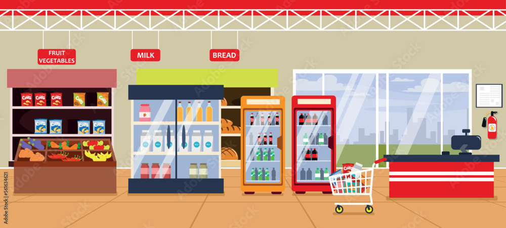 Vector illustration of a modern interior supermarket. Cartoon interior with shelves with snacks, vegetables, bread products, refrigerators with water, juices, milk, window with access to the city.