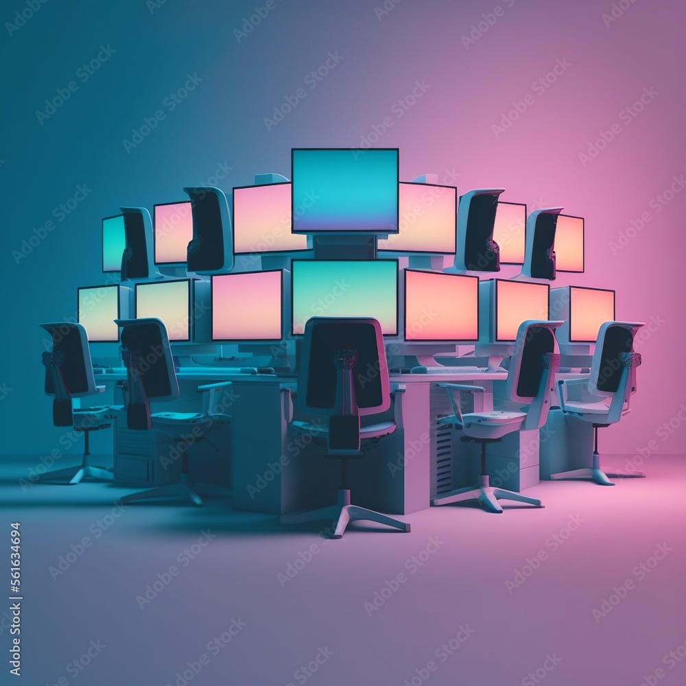 Fototapeta premium Room full of computer monitors and chair, gradient background. AI digital illustration