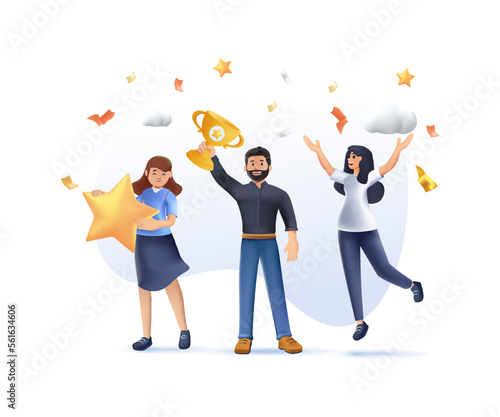 3D Happy business team employee team winners award ceremony 3d render design vector illustration. Employee recognition best worker competition award team celebrating victory winner business concept