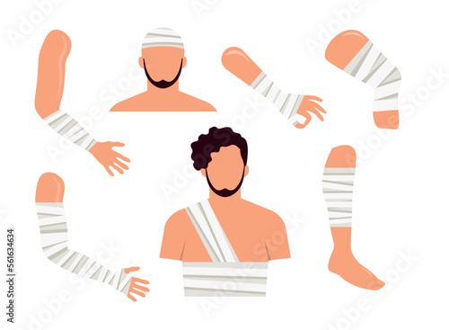 Set of fractures of varying complexity in cartoon style. Vector illustration of a guy with a fracture and bandaging of his arms, legs, knees, chest and head on white background.