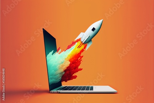 Fototapete Rocket coming out of laptop screen, gradient minimalist style