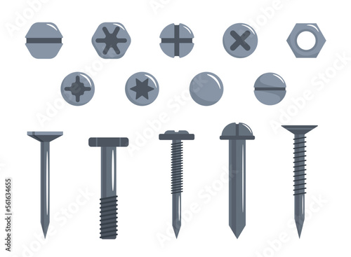 Set of gray screws in cartoon style. Vector illustration of iron construction screws with different threads and heads on white background. Metal products.