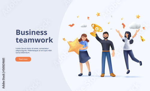 3D Happy business team employee team winners award website 3d render design vector illustration. Employee recognition and best worker competition award team celebrating victory winner business concept