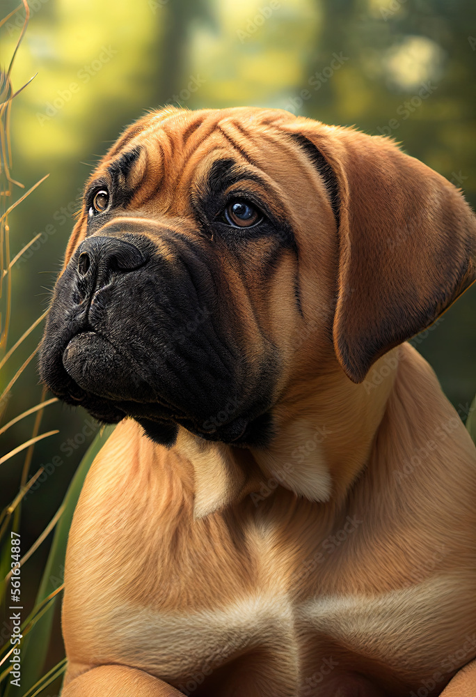 Boerboel happy puppy playing in the garden, cute dogs, Generative AI