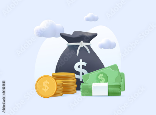 3D Money bag render banner vector illustration. 3D Dollars and gold coins stack. Business success and banking icon. Isolated on white. Cash money dollars banknotes