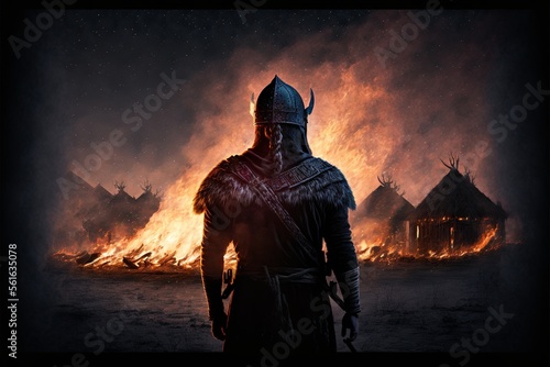 Viking warrior from the back with helmet, village burning in the background. AI digital illustration