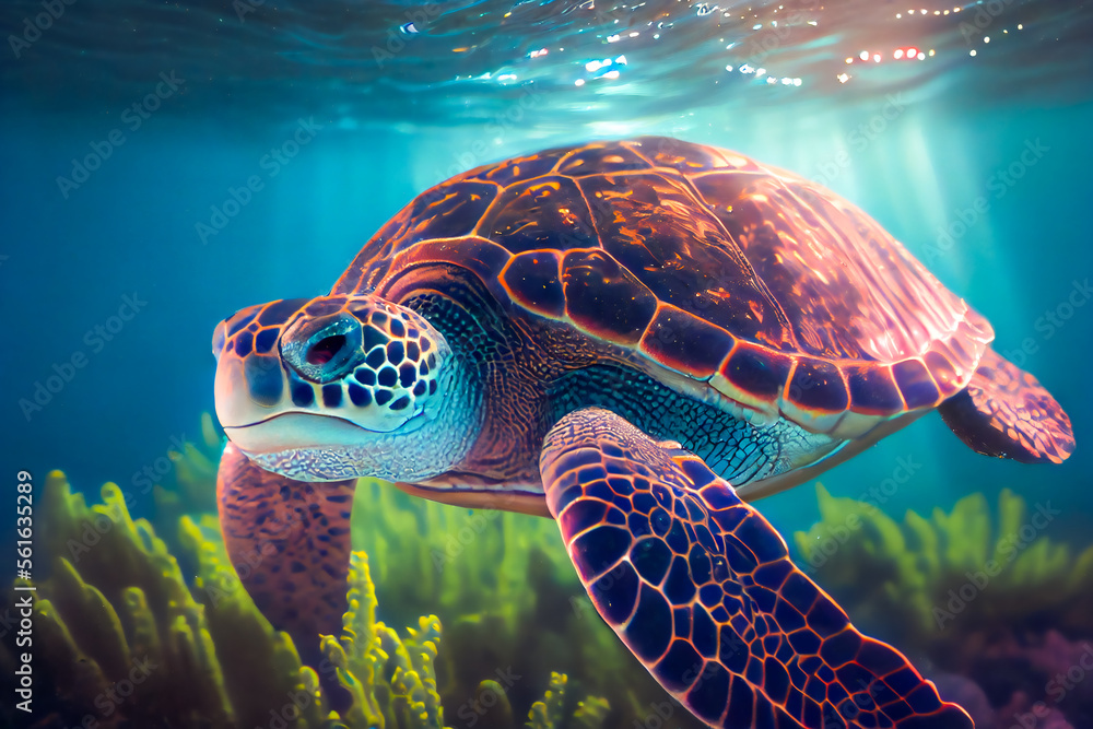 Fototapeta premium Sea turtle swims under water. Generative AI.