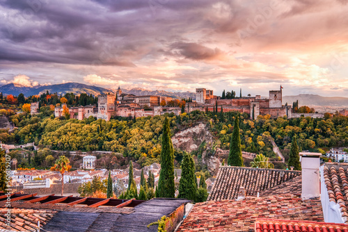 Alhambra Fortress Aerial View at Sunset with Amazing Clouds, Granada, Andalusia