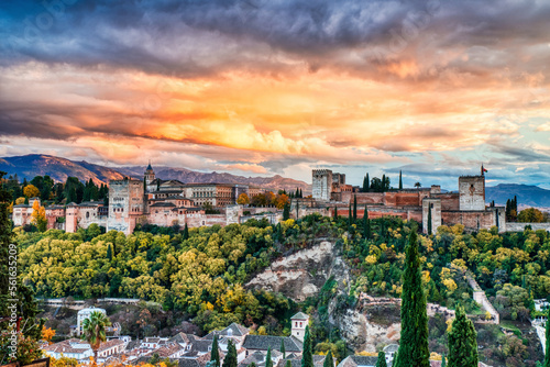 Alhambra Fortress Aerial View at Sunset with Amazing Clouds, Granada, Andalusia