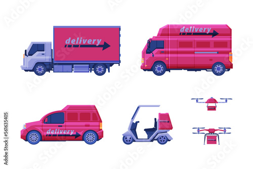 Delivery service transport set. Motorbike, truck, van, drone transportation distribution vehicles, cartoon vector illustration