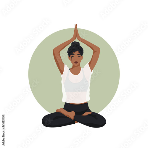 A black woman sits in a lotus position. The concept of relaxation, harmony, appeasement. The girl is doing yoga. Vector flat illustration