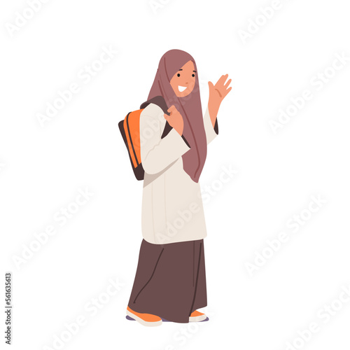 Arab Schoolgirl Wear National Dress and Rucksack Go School Isolated on White Background. Arabic Student