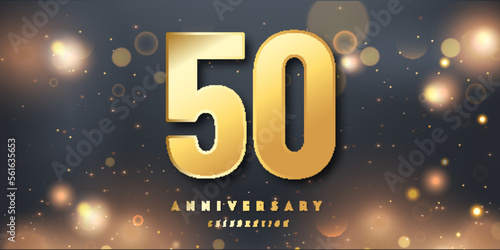 50th Year anniversary celebration background. 3D Golden number with Shiny Glitter lights In black dark night background.