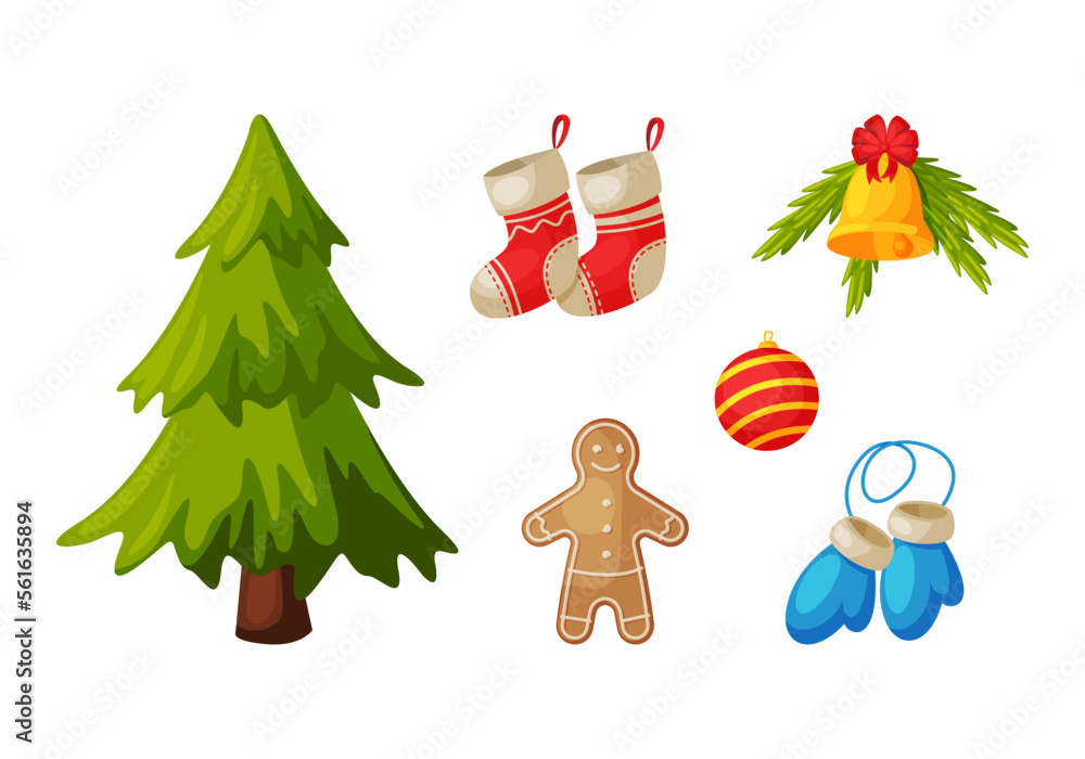 Christmas and New Year symbols set. Gingerbread man, Christmas tree, stockings, bauble and mittens cartoon vector illustration Christmas and New Year symbols set. Gingerbread man, Christmas tree, stockings, bauble and mittens cartoon vector illustration