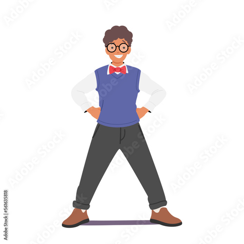Happy Little Boy Wear Glasses, Bow, Knit Vest and Black Trousers. Child Character Smiling. Happy Emotion, Kid Positivity