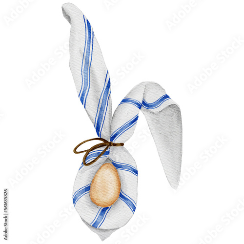 Easter bunny made of blue striped napkin and egg. Watercolor Easter table decor. Transparent background PNG