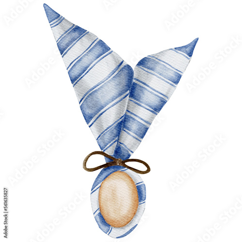 Easter bunny made of blue striped napkin and egg. Watercolor Easter table decor. Transparent background PNG