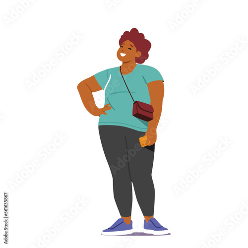 Overweight Dark Skin Girl, Young Woman Stand with Arm Akimbo Isolated on White Background. Cheerful Plump Teenager