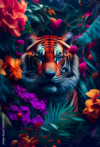 Tiger in the jungle.  Tropical floral seamless background with Tiger.  Generative AI.