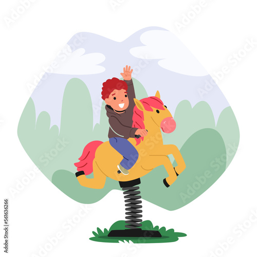 Little Boy Riding Attraction Horse in Amusement Park Isolated on White Background. Character. Recreation, Fun Fair