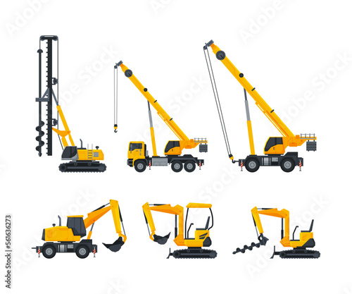 Heavy construction machinery set. Excavator, crane service vehicles special transport flat vector illustration