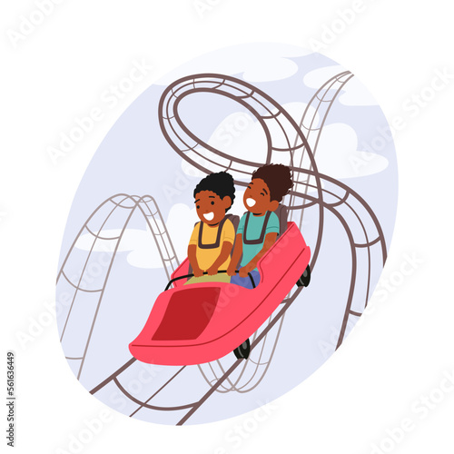 Little Kids Characters Riding Roller Coaster, Extreme Recreation in Amusement Park, Fun Fair Carnival Weekend Activity