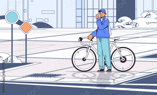 male cyclist taking break during bike ride man with takeaway coffee cup standing near bicycle